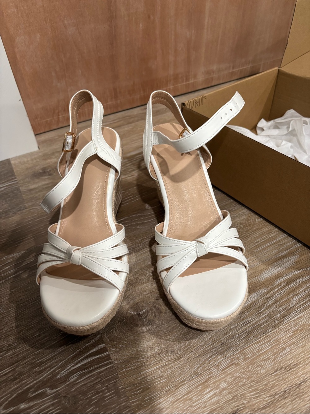 Women’s White Knot Front Wedge Sandals with Ankle Strap